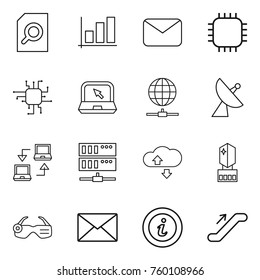 Thin line icon set : search document, graph, mail, chip, notebook, globe connect, satellite antenna, server, cloude service, crystall memory, smart glasses, info, escalator
