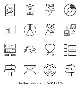 Thin line icon set : search document, report, 24 7, circle diagram, graph, satellite antenna, notebook connect, server, smart glasses, cardio chip, list, singlepost, mail, info, signpost