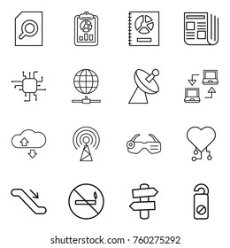 Thin line icon set : search document, report, annual, newspaper, chip, globe connect, satellite antenna, notebook, cloude service, smart glasses, cardio, escalator, no smoking, signpost