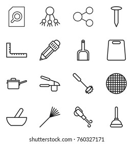 Thin line icon set : search document, share, nail, ruler, pencil, scoop, cutting board, saute pan, garlic clasp, whisk, sieve, mortar, rake, blower, plunger