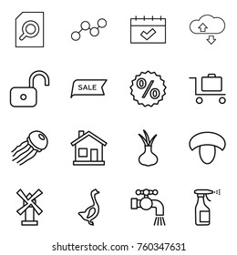 Thin line icon set : search document, graph, calendar, cloud service, unlock, sale, percent, baggage trolley, jellyfish, home, onion, mushroom, windmill, goose, water tap, sprayer