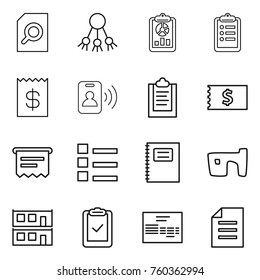 Thin line icon set : search document, share, report, clipboard, receipt, pass card, atm, list, copybook, slum, modular house, check, invoice
