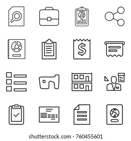 Thin line icon set : search document, portfolio, report, share, annual, clipboard, receipt, atm, list, slum, modular house, architector, check, invoice, passport