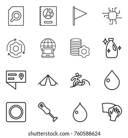 Thin line icon set : search document, annual report, flag, chip, around gear, notebook globe, virtual mining, cleanser, location details, tent, surfer, drop, ring button, blender, wiping