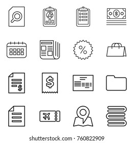 Thin line icon set : search document, report, clipboard, money, calendar, newspaper, percent, shopping bag, account balance, tax, invoice, documents, ticket, map, towels