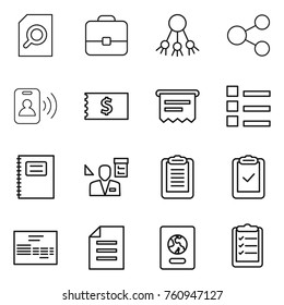 Thin line icon set : search document, portfolio, share, pass card, receipt, atm, list, copybook, architector, clipboard, check, invoice, passport