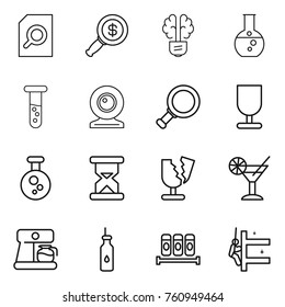Thin line icon set : search document, dollar magnifier, bulb brain, round flask, vial, web cam, fragile, chemical, sand clock, broken, cocktail, coffee maker, vegetable oil, spices