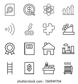 Thin line icon set : search document, dollar arrow, atom, graph up, wireless, infinity power, puzzle, cashbox, medal, copybook, home, city, stairs, tax, reception, radiator