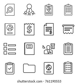 Thin line icon set : search document, share, report, clipboard, annual, receipt, account balance, atm, list, copybook, architector, check, documents, passport