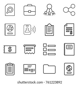 Thin line icon set : search document, portfolio, share, annual report, pass card, clipboard, account balance, receipt, atm, list, copybook, invoice, documents, passport
