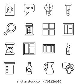 Thin line icon set : search document, message, bulb brain, vial, magnifier, building, window, sand clock, vegetable oil, measuring cup, ketchup, jug, wiping