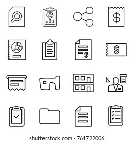 Thin line icon set : search document, report, share, receipt, annual, clipboard, account balance, atm, slum, modular house, architector, check, documents, list