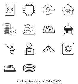 Thin line icon set : search document, chip, cell corection, wireless home, virtual mining, weather management, project, goverment house, do not trolley sign, workman, tent, ring button, iron