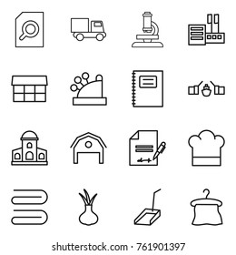 Thin line icon set : search document, truck, microscope, store, market, cashbox, copybook, drawbridge, mansion, barn, inventory, cook hat, towel, onion, scoop, hanger