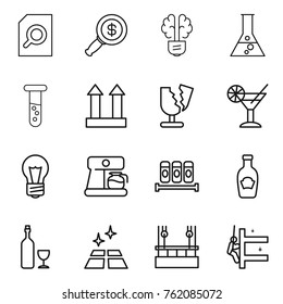 Thin line icon set : search document, dollar magnifier, bulb brain, flask, vial, cargo top sign, broken, cocktail, coffee maker, spices, ketchup, wine, clean floor, skysrcapers cleaning, skyscrapers