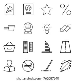 Thin line icon set : search document, annual report, star, percent, delivery, notebook globe, bulb, up down arrow, remove from basket, skyscrapers, skyscraper, road, client, no smoking, rake, bug