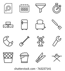 Thin line icon set : search document, calendar, funnel, stopwatch, block wall, fridge, toaster, big fork, croissant, shovel, windmill, wrench, trash bin, foam bucket, clothespin, iron board