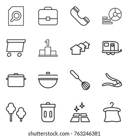 Thin line icon set : search document, portfolio, phone, diagram, delivery, pedestal, houses, trailer, pan, cauldron, whisk, walnut crack, trees, trash bin, clean floor, hanger