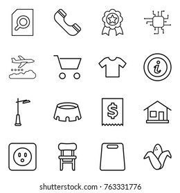 Thin line icon set : search document, phone, medal, chip, weather management, cart, t shirt, info, outdoor light, stadium, tax, home, power socket, chair, cutting board, corn