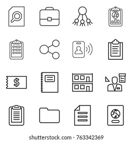 Thin line icon set : search document, portfolio, share, report, clipboard, pass card, receipt, copybook, modular house, architector, documents, passport