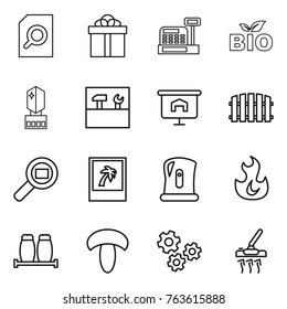 Thin line icon set : search document, gift, cashbox, bio, crystall memory, tools, presentation, fence, cargo, photo, kettle, fire, salt pepper, mushroom, gears, vacuum cleaner