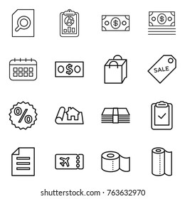 Thin line icon set : search document, report, money, calendar, shopping bag, sale label, percent, project, clipboard check, ticket, toilet paper, towel
