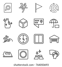 Thin line icon set : search document, 24 7, flag, around gear, cleanser, 3d, location details, insurance, surfer, watch, power switch, garage, iron, ring button, clean floor, wiping