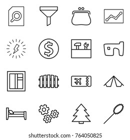 Thin line icon set : search document, funnel, purse, statistics, lightning, dollar coin, tools, slum, window, fence, ticket, tent, bed, gears, spruce, duster