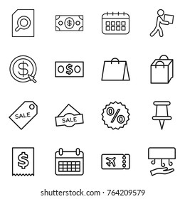 Thin line icon set : search document, money, calendar, courier, dollar arrow, shopping bag, sale label, percent, pin, tax, ticket, hand dryer