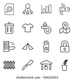 Thin line icon set : search document, share, graph, satellite, bin, t shirt, trip, map, hotel, tent, do not distrub, locked, radiator, chef knife, warehouse, seedling