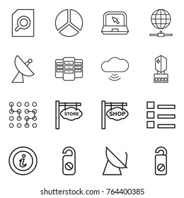 Thin line icon set : search document, diagram, notebook, globe connect, satellite antenna, server, cloud wireless, crystall memory, chip, store signboard, shop, list, info, do not distrub
