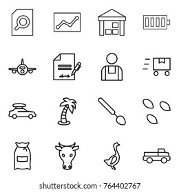 Thin line icon set : search document, statistics, warehouse, battery, plane, inventory, workman, fast deliver, car baggage, palm, big spoon, seeds, flour, cow, goose, pickup