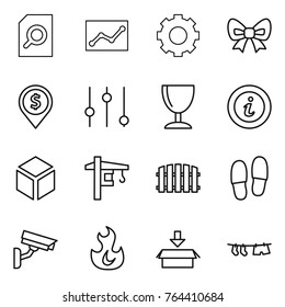 Thin line icon set : search document, statistics, gear, bow, dollar pin, equalizer, wineglass, info, 3d, tower crane, fence, slippers, surveillance camera, fire, package, drying clothe