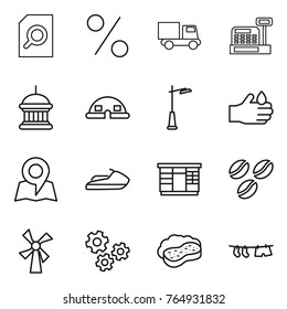 Thin line icon set : search document, percent, truck, cashbox, goverment house, dome, outdoor light, acid, map, jet ski, wardrobe, coffee seeds, windmill, gears, sponge with foam, drying clothe