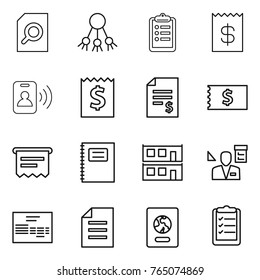 Thin line icon set : search document, share, clipboard, receipt, pass card, account balance, atm, copybook, modular house, architector, invoice, passport, list
