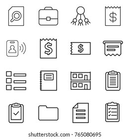 Thin line icon set : search document, portfolio, share, receipt, pass card, atm, list, copybook, modular house, clipboard, check, documents