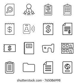 Thin line icon set : search document, share, report, clipboard, receipt, pass card, account balance, copybook, slum, modular house, documents, passport