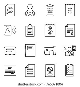Thin line icon set : search document, share, clipboard, receipt, pass card, account balance, atm, copybook, slum, architector, invoice, passport, list