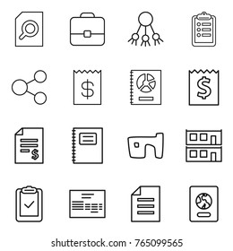 Thin line icon set : search document, portfolio, share, clipboard, receipt, annual report, account balance, copybook, slum, modular house, check, invoice, passport