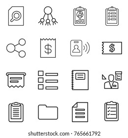 Thin line icon set : search document, share, report, clipboard, receipt, pass card, atm, list, copybook, architector, documents