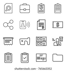 Thin line icon set : search document, portfolio, report, clipboard, share, pass card, account balance, receipt, atm, slum, modular house, architector, check, invoice, documents