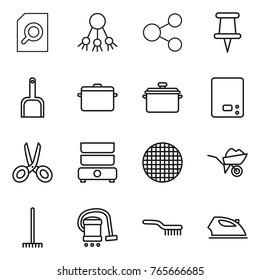 Thin line icon set : search document, share, pin, scoop, pan, kitchen scales, scissors, double boiler, sieve, wheelbarrow, rake, vacuum cleaner, brush, iron