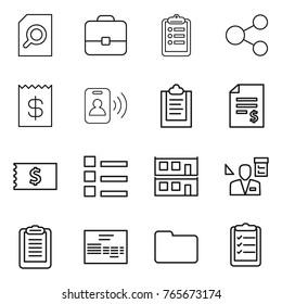 Thin line icon set : search document, portfolio, clipboard, share, receipt, pass card, account balance, list, modular house, architector, invoice, documents