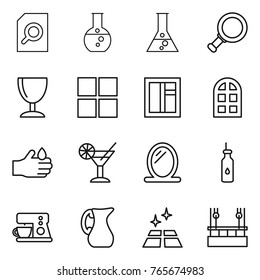 Thin line icon set : search document, round flask, magnifier, wineglass, window, arch, acid, cocktail, mirror, vegetable oil, coffee maker, jug, clean floor, skysrcapers cleaning