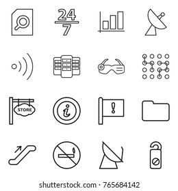 Thin line icon set : search document, 24 7, graph, satellite antenna, wireless, server, smart glasses, chip, store signboard, info, important flag, documents, escalator, no smoking, do not distrub