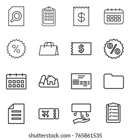 Thin line icon set : search document, clipboard, receipt, calendar, percent, shopping bag, project, invoice, documents, ticket, hand dryer, list