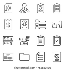Thin line icon set : search document, share, report, clipboard, receipt, annual, list, slum, modular house, architector, check, invoice, documents, passport