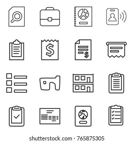 Thin line icon set : search document, portfolio, annual report, pass card, clipboard, receipt, account balance, atm, list, slum, modular house, check, invoice, passport