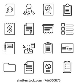 Thin line icon set : search document, share, annual report, clipboard, receipt, account balance, atm, list, copybook, architector, invoice, documents, passport