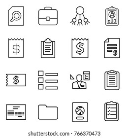 Thin line icon set : search document, portfolio, share, report, receipt, clipboard, account balance, list, architector, invoice, documents, passport